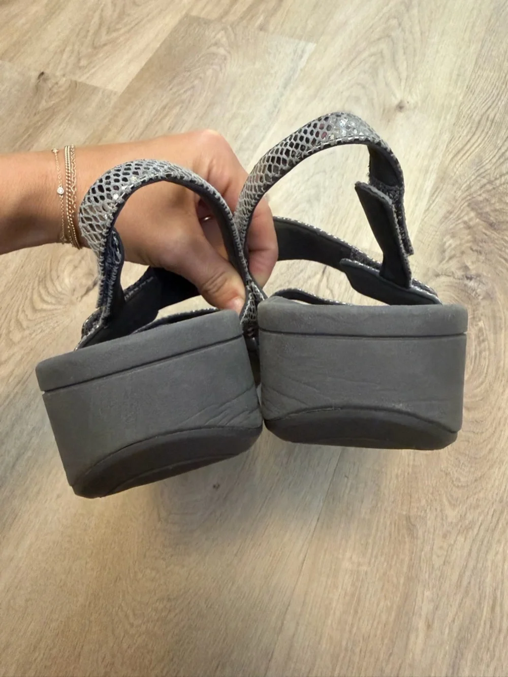 VIONIC Metallic Snake-Print Velcro Strap Sandals - Silver/Black